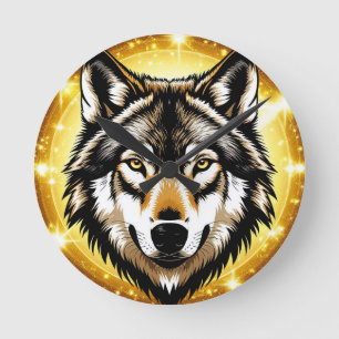 Majestic Wolf Portrait mit goldenem Hintergrund Runde Wanduhr