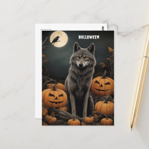 Majestic Wolf und Pumpkins unter dem Mondlicht Postkarte
