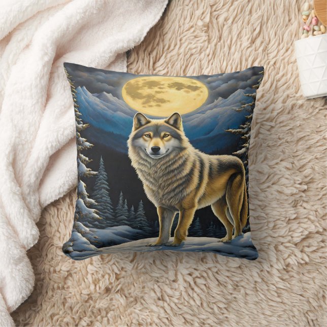 Majestic Wolf unter Mondlicht Kissen (Decke)