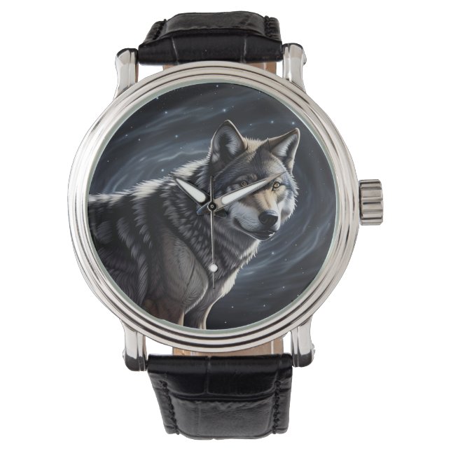 Majestic Wolf unter Sternry Sky Armbanduhr (Vorderseite)