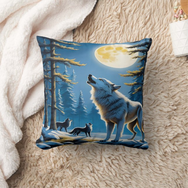 Majestic Wölfe heulen unter Vollmond Kissen (Decke)