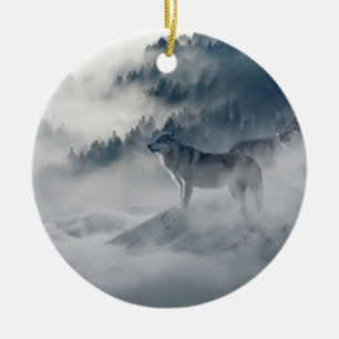 Majestic Wölfe im Waldnebel Keramik Ornament
