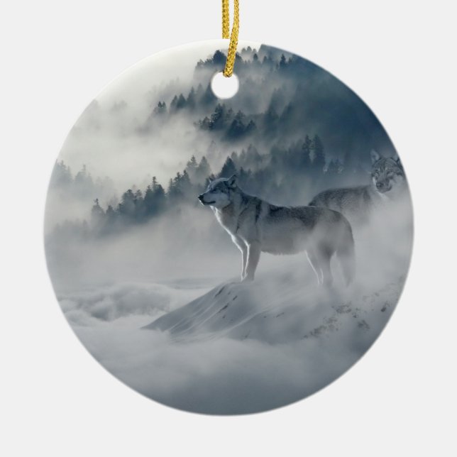 Majestic Wölfe im Waldnebel Keramik Ornament (Vorne)