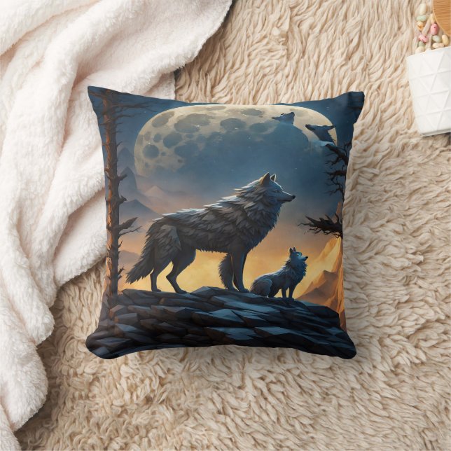 Majestic Wölfe unter Vollmond. Kissen (Decke)