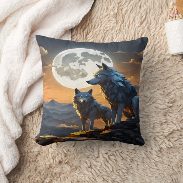Majestic Wölfe unter Vollmond. Kissen (Decke)