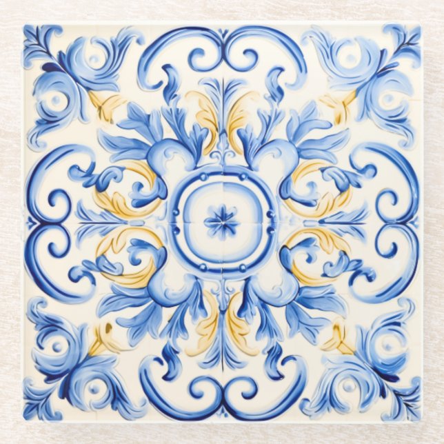 Majolica: Blau und Gold Glasuntersetzer (Vorderseite)