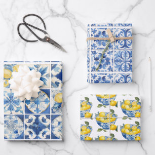 Majolica Tiles Blue Lemons Amalfi Italien 1 Geschenkpapier Set