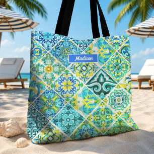 Majolika-Blumen-Aquamarin-Sizilianische Fliesenmus Tasche