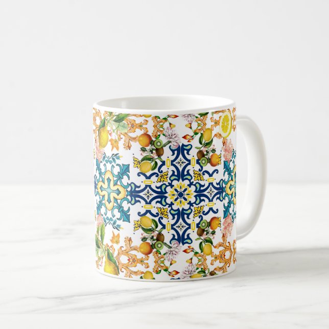 Majolika, sizilianische Fliesen, Zitronen Zitrusfr Kaffeetasse (VorderseiteRechts)