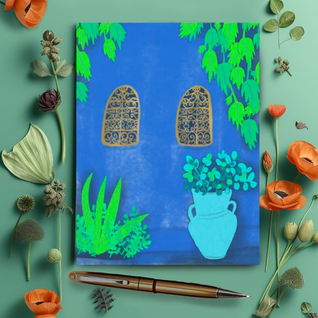 Majorelle Gardens Blue La Jardin Postkarte (Majorelle gardens illustration. Sweet travel themed postcards and cards. Check my shop for more!)