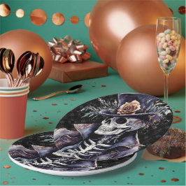 Makabre Orange & Lila Wasserfarbe Skelett Pappteller