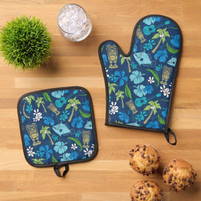 Makapuu Beach Hawaiian Batik Navy Ofenhandschuh & Topflappen-Set (Oben Unten)