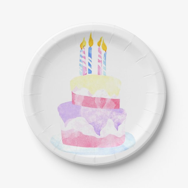 Make a Wish | Watercolor Happy Birthday Cake Pappteller (Vorderseite)