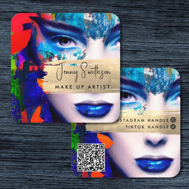 Make up Artist Add QR Code & Social Media farbig Quadratische Visitenkarte (Von Creator hochgeladen)
