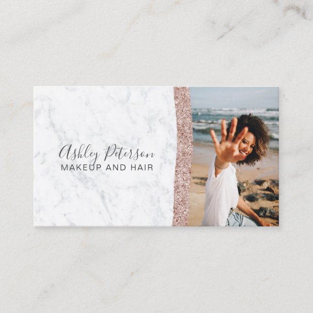 Make-uphaar Chic-RosengoldGlitter-Marmor-Foto Visitenkarte (Vorderseite)