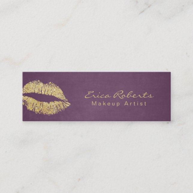 Make-upkünstler-GoldGlitzer-Lippenmodernes Lila Mini Visitenkarte (Vorderseite)