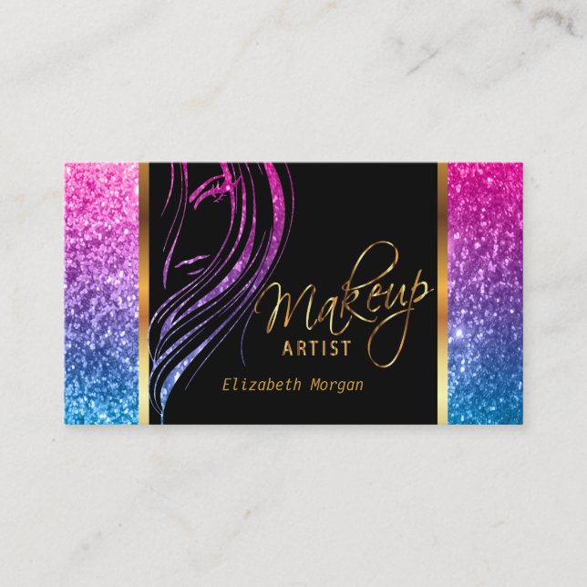 Make-upkünstler in einem Girly bunten Glitzer Visitenkarte (Vorderseite)