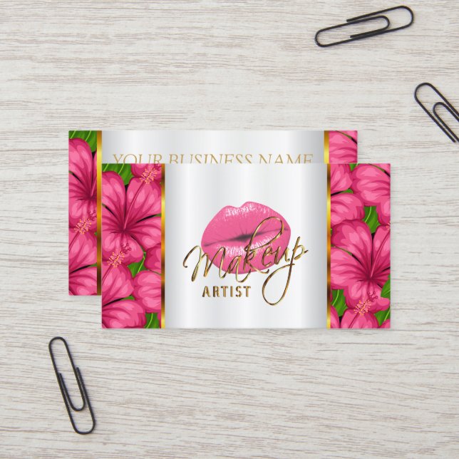 Make-upkünstler mit den rosa Lippen und den Blumen Visitenkarte (Vorderseite/Rückseite Beispiel)