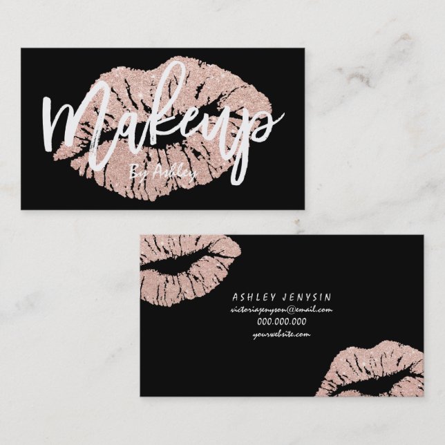 Make-upkünstler-RosengoldGlitter-Lippentypographie Visitenkarte (Vorne/Hinten)