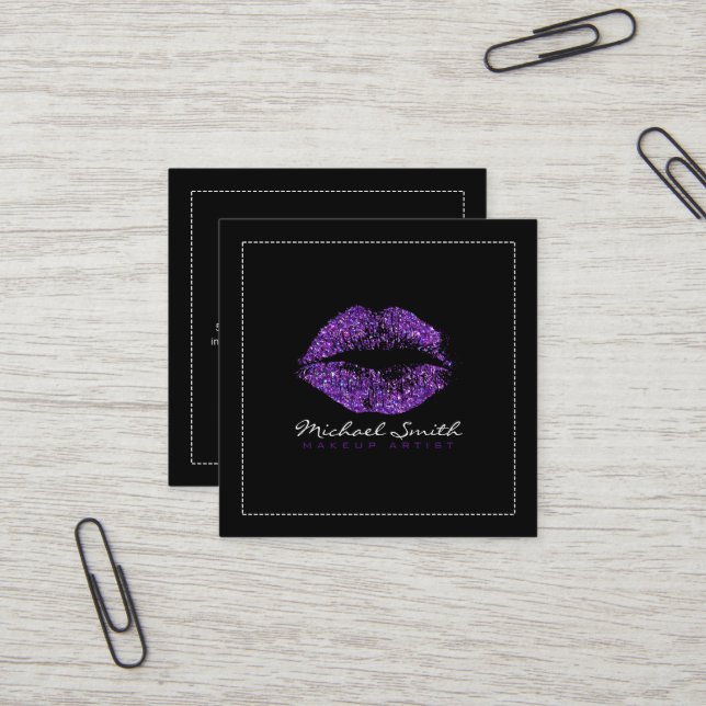 Make-upkünstler-stilvolle lila Glitzer-Lippen Quadratische Visitenkarte (Vorderseite/Rückseite Beispiel)