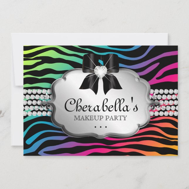 Make-upParty Einladungzebra-Regenbogen-Schmuck Einladung (Vorderseite)