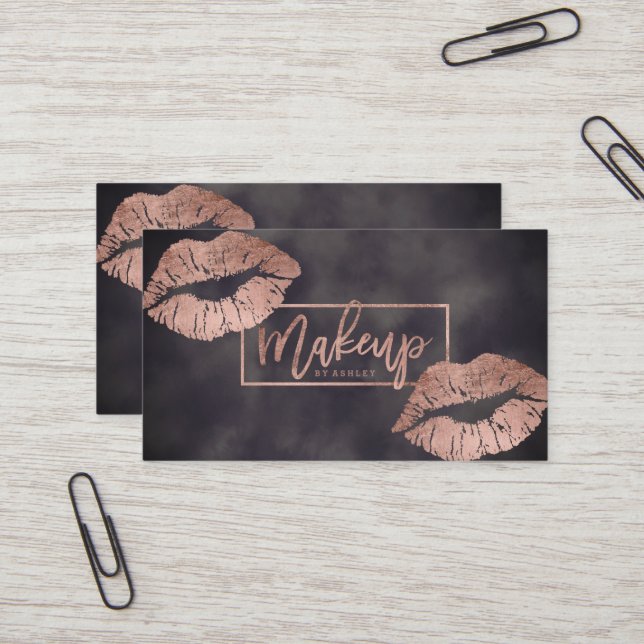 Make-uptypographielippenRosengoldgrau Watercolor Visitenkarte (Vorderseite/Rückseite Beispiel)