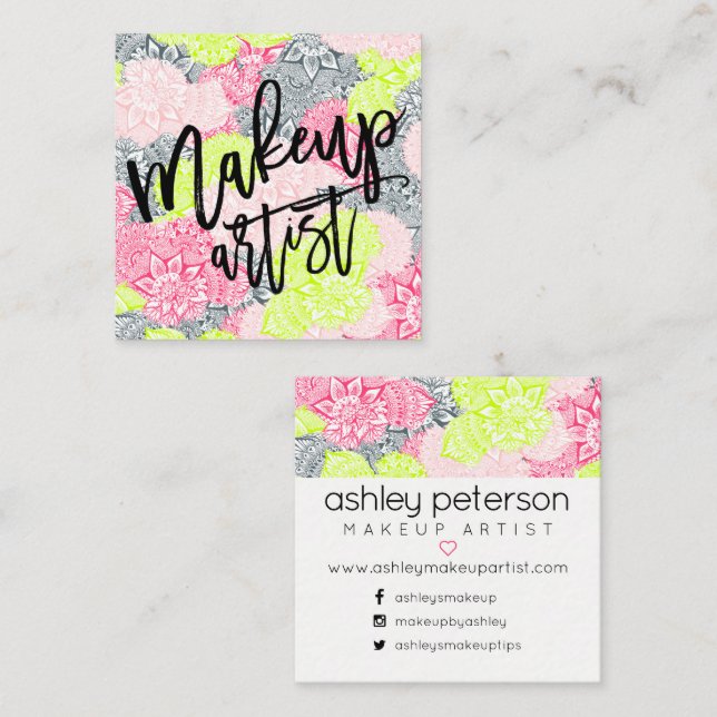 Make-uptypographieneonblumenMandala-Rosagelb Quadratische Visitenkarte (Vorne/Hinten)
