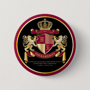 Make Your Own Coat of Arms Red Gold Lion Emblem Button