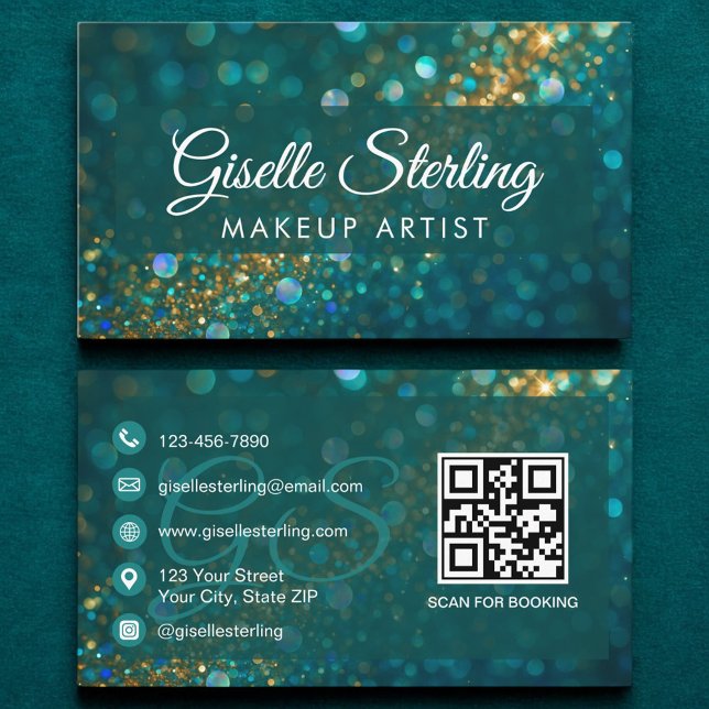 Makeup Artist Aquamarin Gold Glitzer Opal QR Code Visitenkarte (Von Creator hochgeladen)