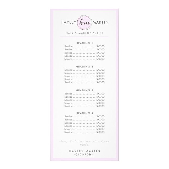 Makeup Artist Beauty Salon Elegante Rosa Preislist Werbekarte (Vorne)