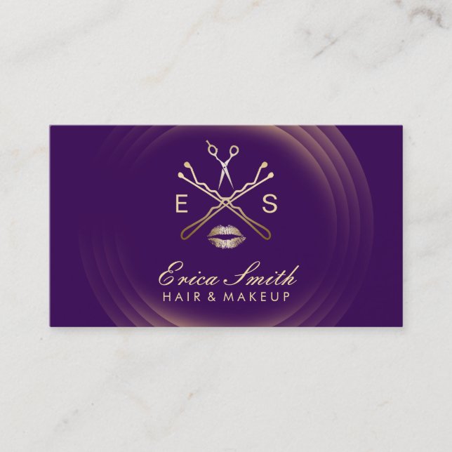 Makeup Artist Beauty Salon Modernes Gold & Lila Visitenkarte (Vorderseite)