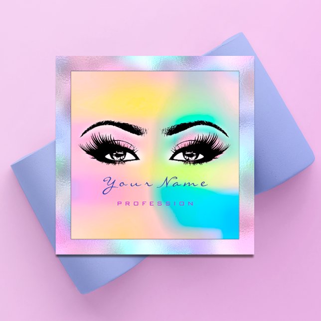 Makeup Artist Beruflich Eyeash Holograph Pink Quadratische Visitenkarte (Makeup Artist Professional Eyeash Holograph Pink Square Business Card)