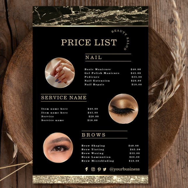 Makeup Artist Black Gold Marmor Flyer (Makeup Artist Black Gold Marble flyer #zazzlefinds #makeupflyer #addphoto #pricelist #threephoto)
