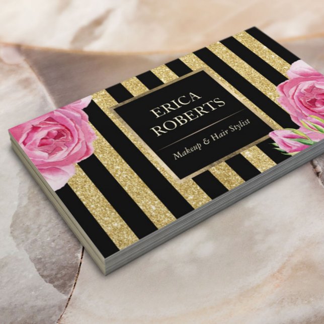 Makeup Artist Black & Gold Streifen Modern Floral Visitenkarte (Von Creator hochgeladen)