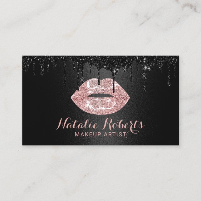 Makeup Artist Black Tropfens Rose Gold Visitenkarte (Vorderseite)
