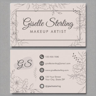Makeup Artist Blush Pink Floral Line Art Script Visitenkarte