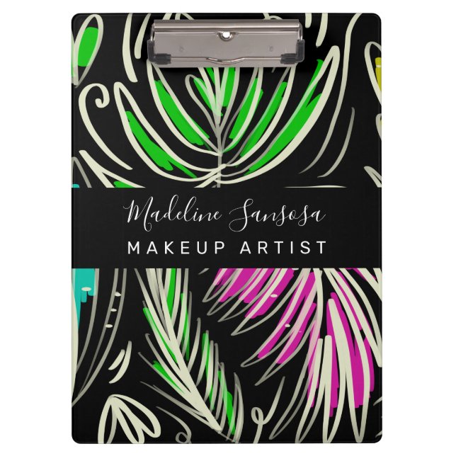 Makeup Artist Bright Jungle Doodles Black Klemmbrett (Vorderseite)