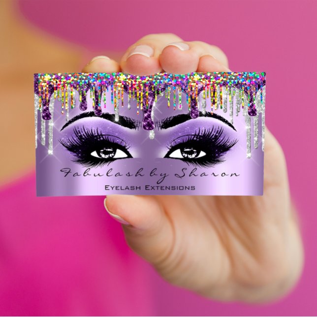 Makeup Artist Brow Eyelash Tropfen Lila Holograph Visitenkarte (Makeup Artist Brow Eyelash Drips Purple Holograph Business Card)