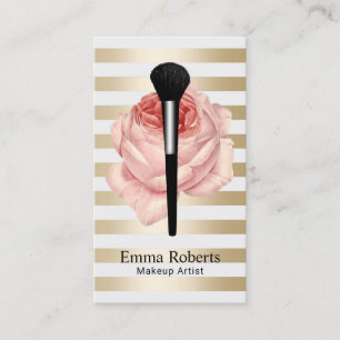 Makeup Artist Brush & Rose Modern Gold Streifen Visitenkarte