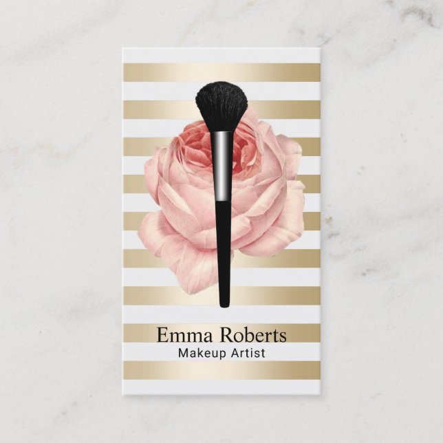 Makeup Artist Brush & Rose Modern Gold Streifen Visitenkarte (Vorderseite)