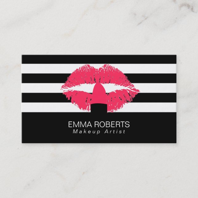 Makeup Artist Classy Schwarz-weiß Stripes Rote Lip Visitenkarte (Vorderseite)