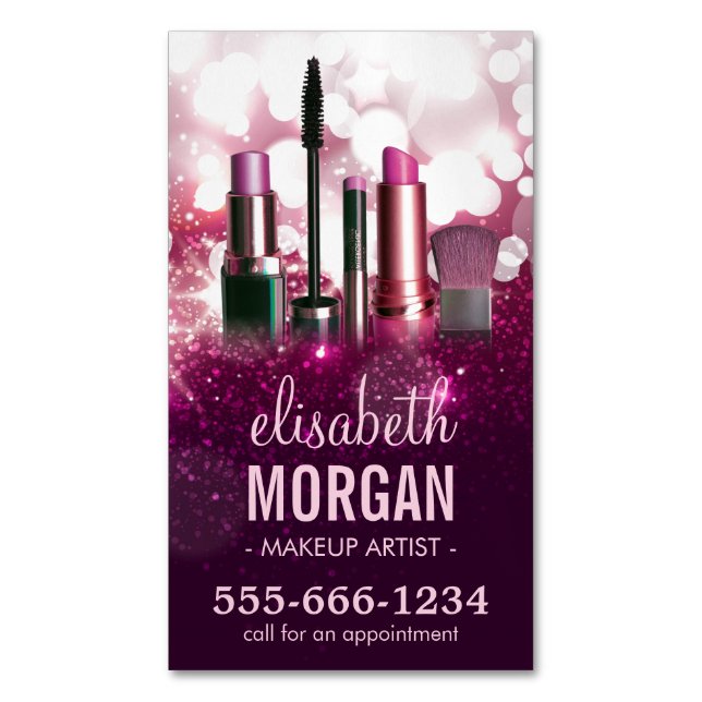 Makeup Artist Cosmetican - Pink Beauty Glitzer Magnetische Visitenkarte (Vorderseite Vertikal)