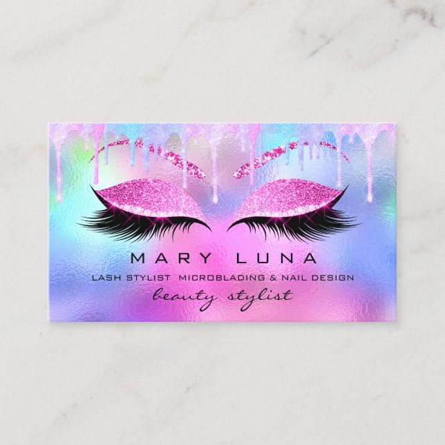 Makeup Artist Eyebrows Lash Holograph Pink Tropfen Visitenkarte (Vorderseite)