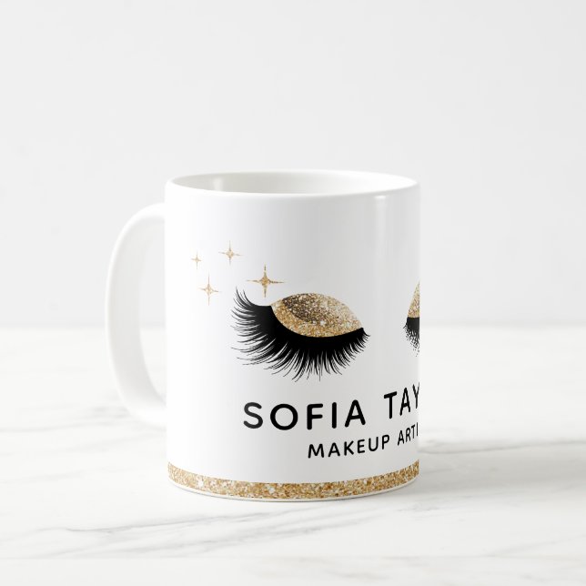 Makeup artist Eyebrows Lashes Glitzer Gold Sepia Kaffeetasse (Vorderseite Links)