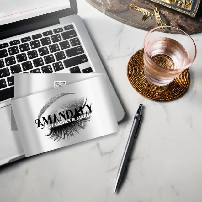 Makeup Artist Eyelash Extensions QR LOGO Silver Visitenkarte (Makeup Artist Eyelash Extensions QR LOGO Silver Business Card)