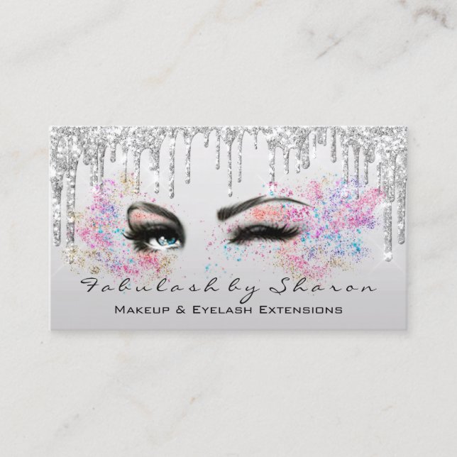 Makeup Artist Eyelash Lashes Glitzer Tropfen Grau Visitenkarte (Vorderseite)