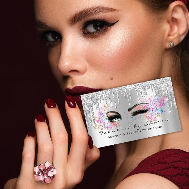Makeup Artist Eyelash Lashes Glitzer Tropfen Silve Visitenkarte (Makeup Artist Eyelash Lashes Glitter Drips Silver Business Card)
