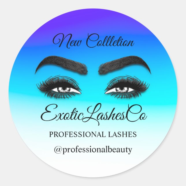 Makeup Artist Eyelash Logo Ombre Blue White Runder Aufkleber (Vorderseite)