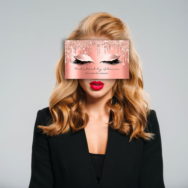 Makeup Artist Eyes Lashes Glitzer Tropfen Rose Cor Visitenkarte (Makeup Artist Eyes Lashes Glitter Drips Rose Coral Business Card)