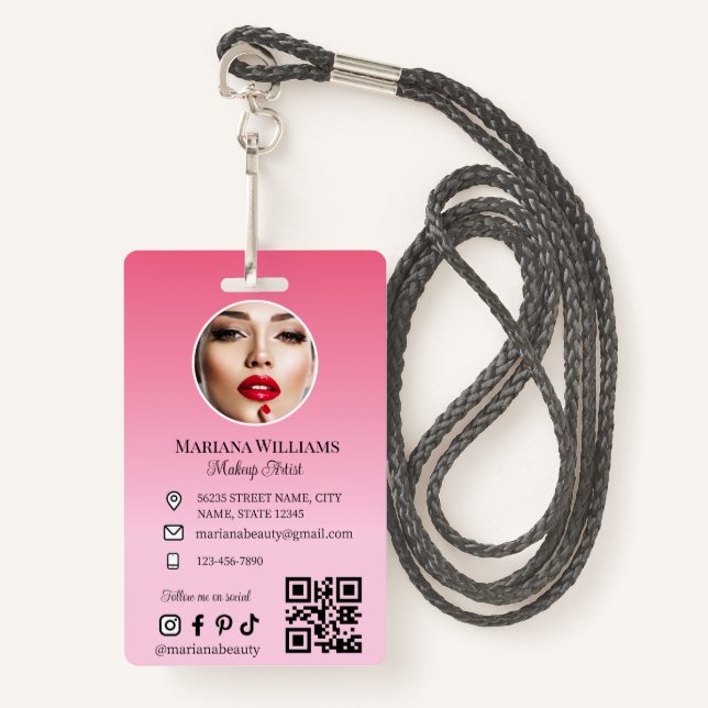Makeup artist Foto qr Code rosa kleine Unternehmen Ausweis (Vorderseite mit Schlüsselband)